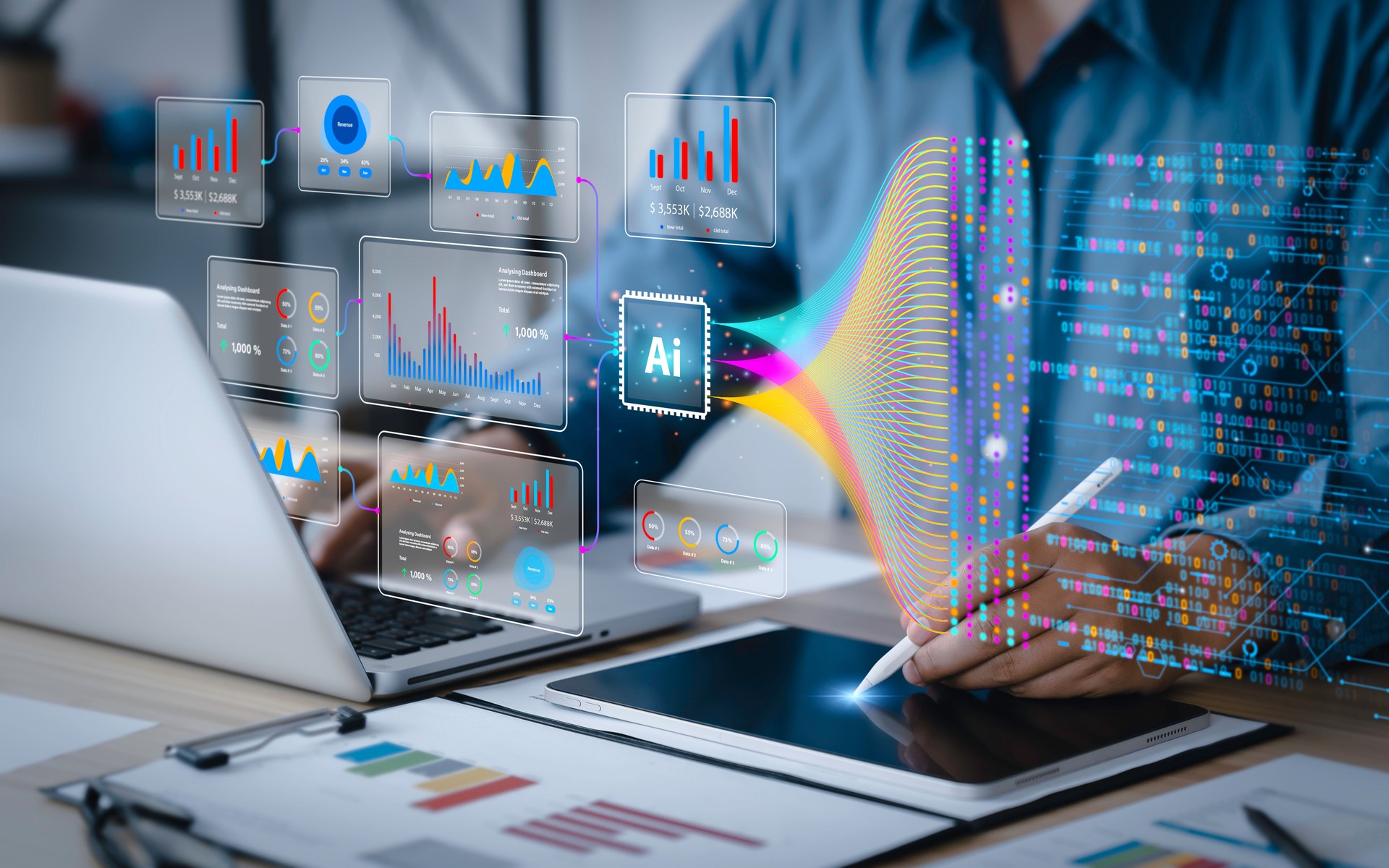 Datenanalyse, Wissenschaft und Big Data mit KI-Technologie. Ein Analyst oder Wissenschaftler verwendet einen Computer und ein Dashboard für die Analyse von Informationen über komplexe Datensätze auf dem Computer. Entwicklungsingenieur für Einblicke